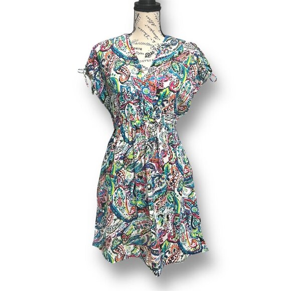 Lauren Ralph Lauren M White Blue Paisley Mini Coverup Dress Pockets Resort Beach - Picture 1 of 7